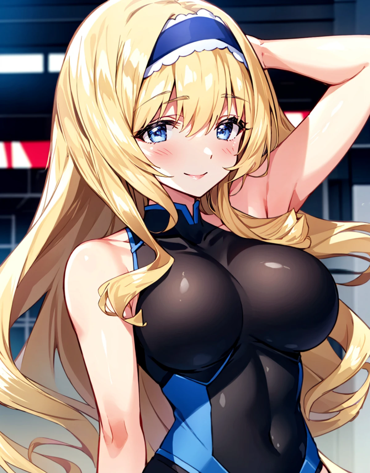 Cecilia Somak,blonde hair,leotard,blue leotard,Pilot Suit,(Large Breasts:1.5),Shiny,hair,((alone)),((masterpiece)),((Highest quality)),Perfect Anatomy,Narrow waist,Perfect image,8K Ultra HD,(Beautiful attention to detail:1.5),Very detailed顔,Are standing,(Upper Body:1.1),(Look at the front:1.1),Arms behind,Very detailed,Absurd,High resolution,Indoor Arena,smile,