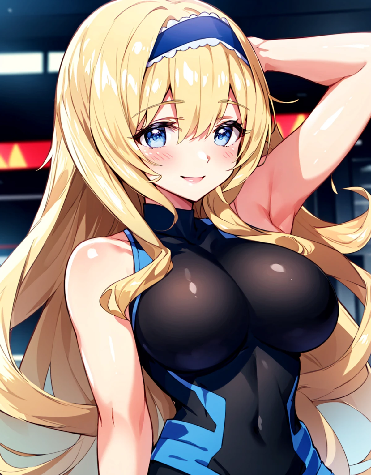 Cecilia Somak,blonde hair,leotard,blue leotard,Pilot Suit,(Large Breasts:1.5),Shiny,hair,((alone)),((masterpiece)),((Highest quality)),Perfect Anatomy,Narrow waist,Perfect image,8K Ultra HD,(Beautiful attention to detail:1.5),Very detailed顔,Are standing,(Upper Body:1.1),(Look at the front:1.1),Arms behind,Very detailed,Absurd,High resolution,Indoor Arena,smile,