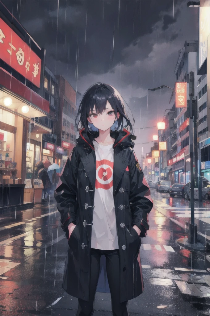 One girl,City of night,rain,coat,Put your hands in your pockets