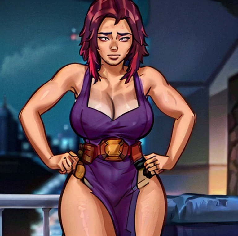 1 girl, standing alone, lady nagant,(work of art, best qualityer, ultra detaild, beautiful illustration), atmospheric perspective, Depth of field, looking ahead at viewer, beautiful detailed eyes, anime eyes:1.4, (portraite), pose sexy, dynamic angle, (plein-air, natta, giant moon, Tokyo, Metropolis), 1 girl, neutral expression, mature woman, (Breasts huge, huge ass, Broad Hips), Nagant, cabelo roxo, purples eyes, multicolored hair, shorth hair, sleeveless, hair with highlights, pink hair, medium hair, bared shoulders, two tone hair, don, high collar, waist belt, clavicle, thicc thighs, sleeveless don, purple don, shiny pupils, white pupils, bangss, (at the top of a skyscraper:1.5, leaning against a railing:1.5, overlooking the city:1.5, city lights:1.5), perfect hands, Perfect Anatomia,