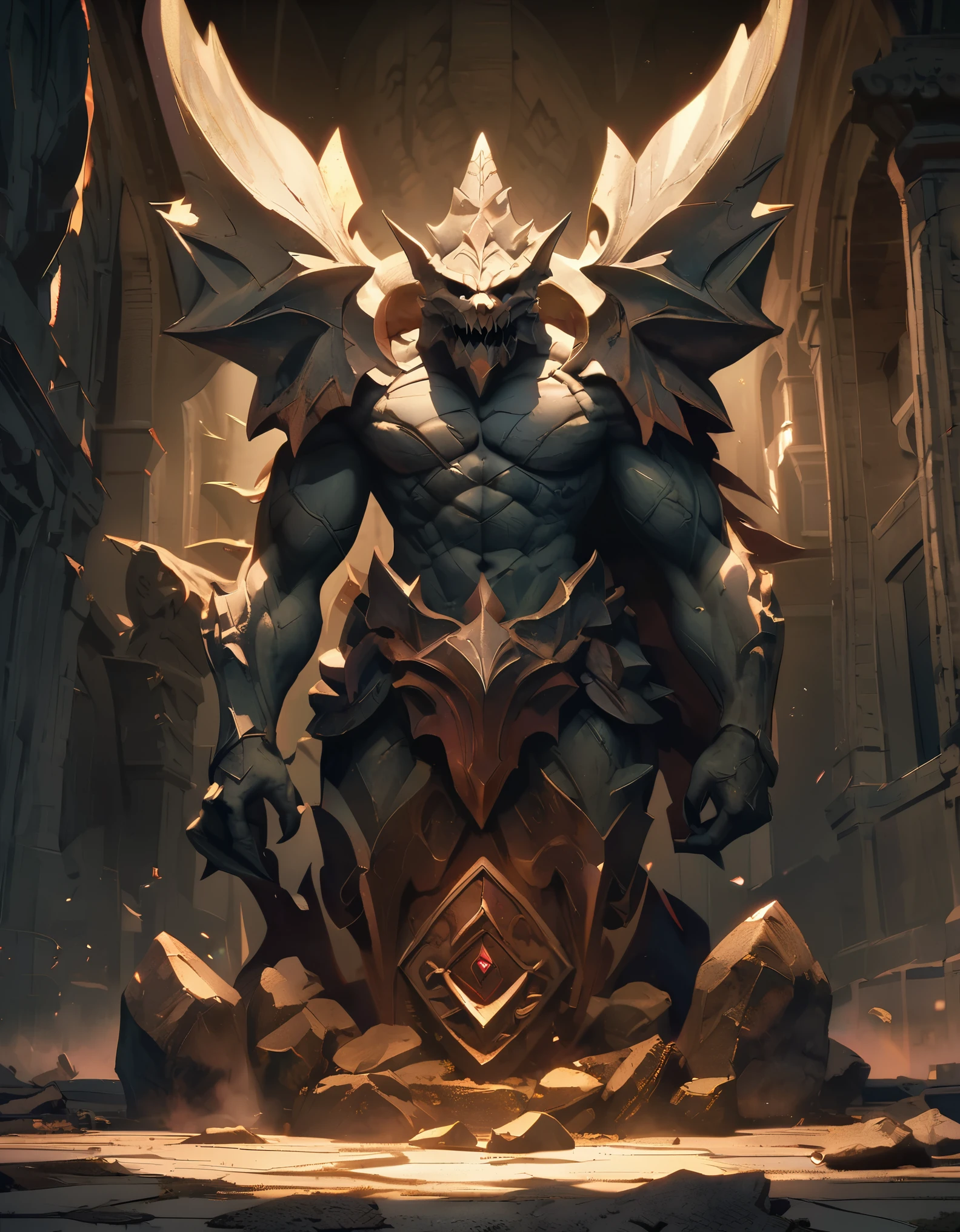Dynamic stone statue, Devil stone statue, Gargoyle, (Full body view, 台座に座るDevil stone statue), Dark Fantasy Art, Gothic architecture, Dramatic Shadows, Ominous atmosphere, Intricate details, Weathered stone texture, Menacing look, Twisted corners, Sharp Claws, Devil's Wings, Spread Wings, A somber presence, Moody lighting, Dramatic composition, Dramatic hard shadows, Digital Art, Dark colors, Chiaroscuro, Dramatic Shadows, Digital Painting, Concept Art, (Highest quality:1.2, 4K, 8k, Very detailed, Attention to detail, masterpiece:1.2, Best aesthetics),