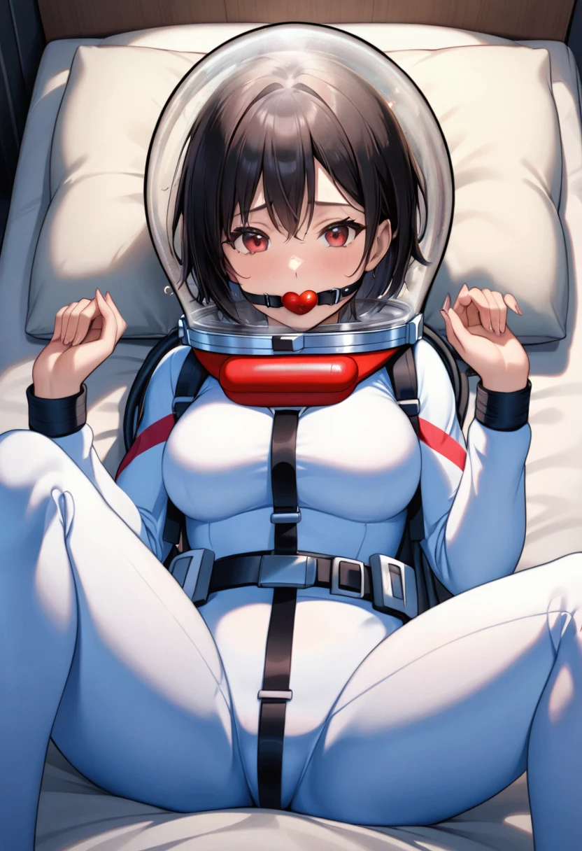 (spacesuit:1.15), white cargo pants, astronaut)bubble helmet, space helmet masturbation, fingering, female_masturbation, grabbing_own_tits, mature_woman, lushing, , looking at the audience, lying , indoors, in bed, bed, masterpiece, best quality, 1girl, solo, red eyes, , {{{messy hair:1.6}}}, bangs, white hair, spread legs, sitting, , short hair, ,(heart sayings:1.2),  , FROM ABOVE, masterpiece, best quality, highres, soft lighting, best quality, hyper detailed medium breasts, mature_women, mature_female, 1girl, toned, ballgag, gagged, ball gag, gag, sweater, black hair, bubble helmet, space helmet, happy