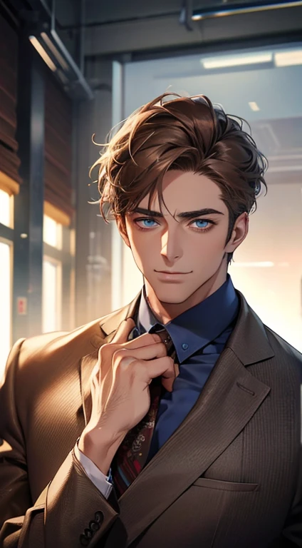 (best quality,4k,8k,highres,masterpiece:1.2),ultra-detailed,(realistic,photorealistic,photo-realistic:1.37),1 man,31 years old,mature man,very handsome,without expression,smile,short grey brown hair,blue eyes,penetrating gaze,perfect face without errors,imposing posture,businessman,office background,cinematic lighting,hdr image