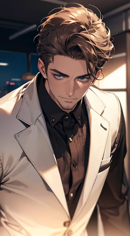 (best quality,4k,8k,highres,masterpiece:1.2),ultra-detailed,(realistic,photorealistic,photo-realistic:1.37),1 man,31 years old,mature man,very handsome,without expression,smile,short grey brown hair,blue eyes,penetrating gaze,perfect face without errors,imposing posture,businessman,office background,cinematic lighting,hdr image