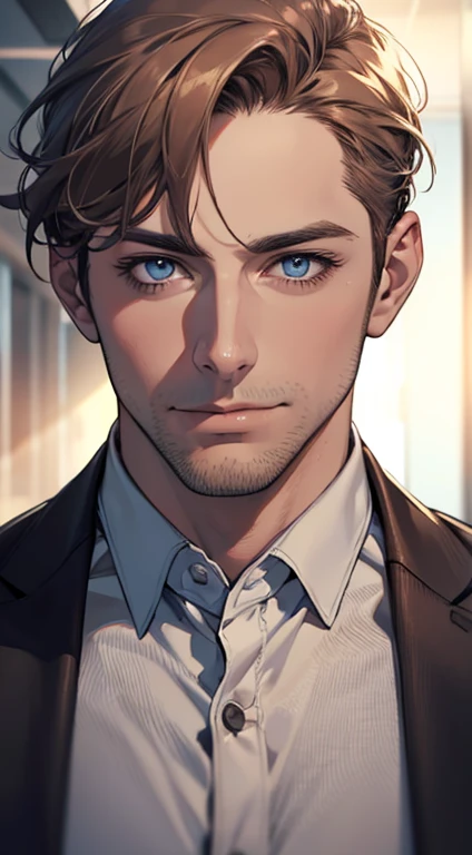 (best quality,4k,8k,highres,masterpiece:1.2),ultra-detailed,(realistic,photorealistic,photo-realistic:1.37),1 man,31 years old,mature man,very handsome,without expression,smile,short grey brown hair,blue eyes,penetrating gaze,perfect face without errors,imposing posture,businessman,office background,cinematic lighting,hdr image