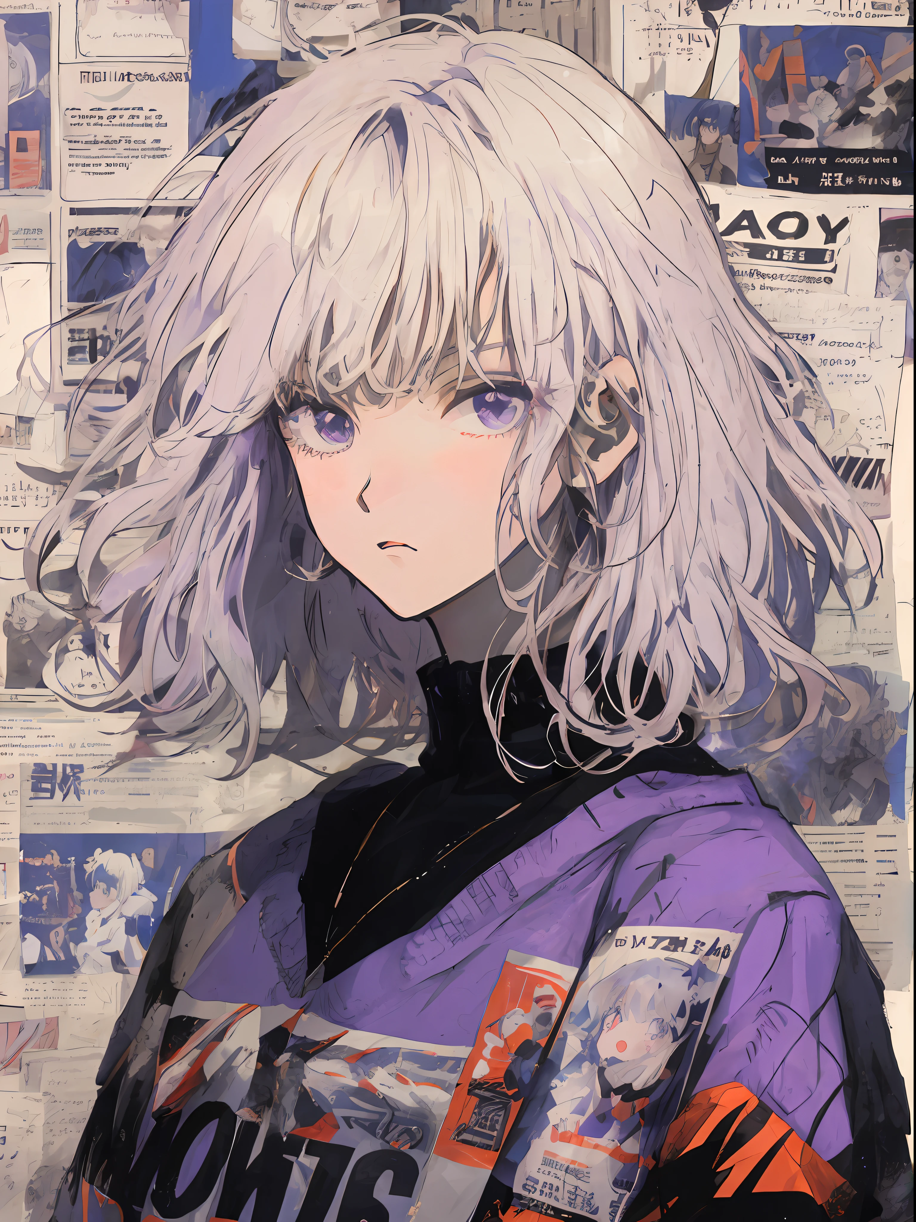 White hair purple shirt anime girl with newspaper background, Retro anime girl, Anime style4 K, Anime style illustration, Anime Aesthetics, Erpingnu Art, Anime style portrait, 现代Anime style, 80 年代Anime atmosphere, Anime atmosphere, 干净细致的Anime style, Anime style. 8K, 90 年代Anime art style, Anime art style