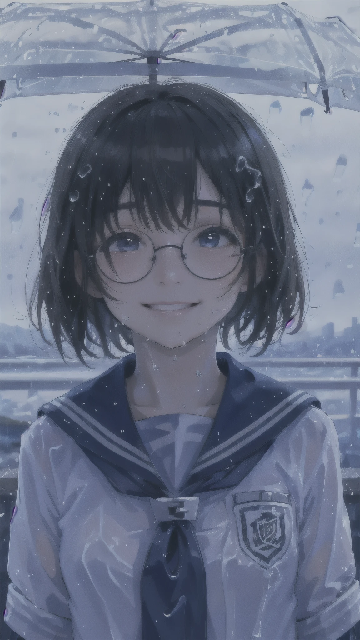 One girl、uniform、scenery、Glasses、A kind smile、Beautiful girl、Close-up of face、Look Up、Beautiful girl、Upper Body、solo、Wet Hair、rain