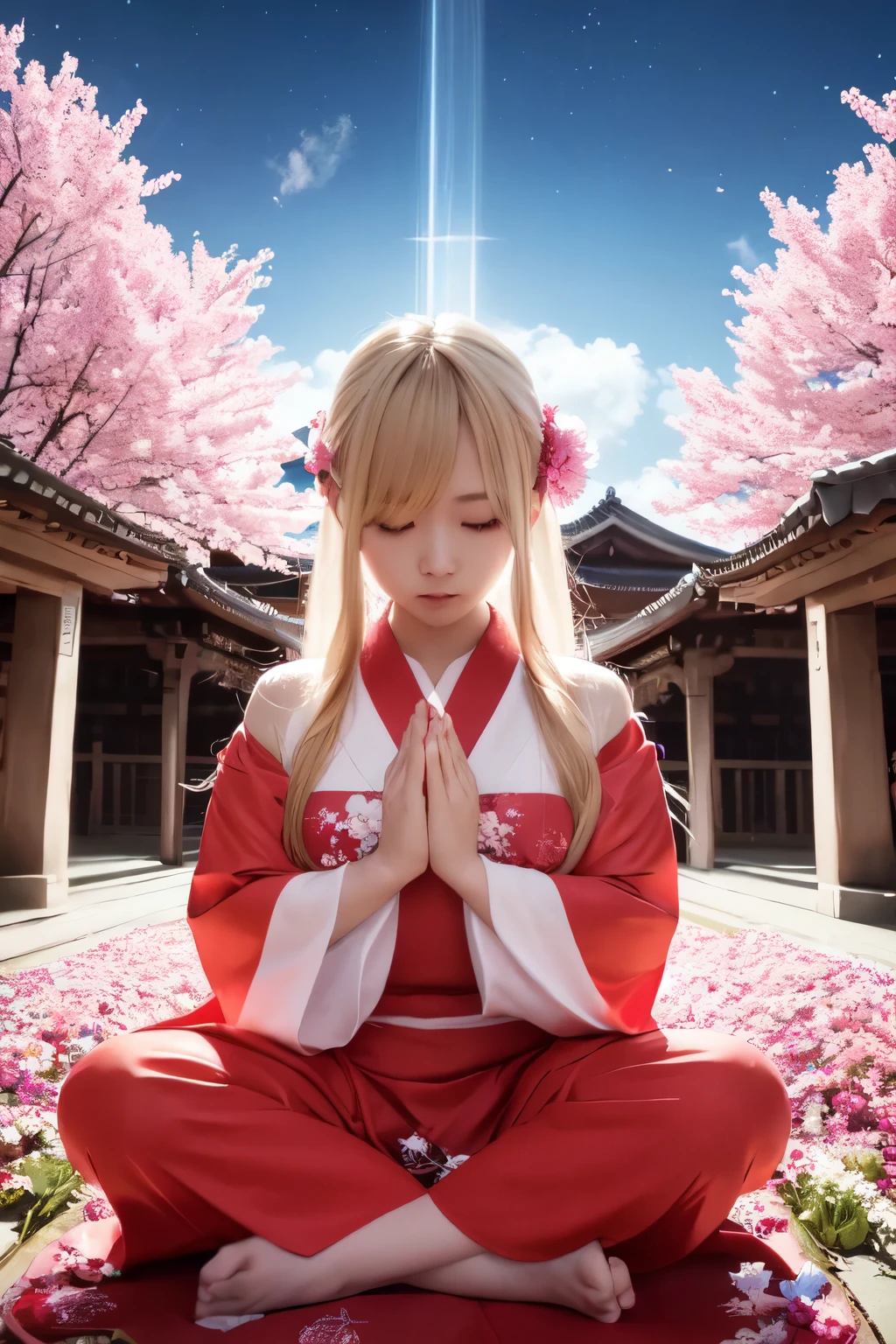 Miko, Reimu, inverted blonde hair, light emanating from her body, miko costume, large eyes, thin limbs, beautiful woman, hands together in prayer, shrine full of flowers, glowing clouds swirling in the sky.