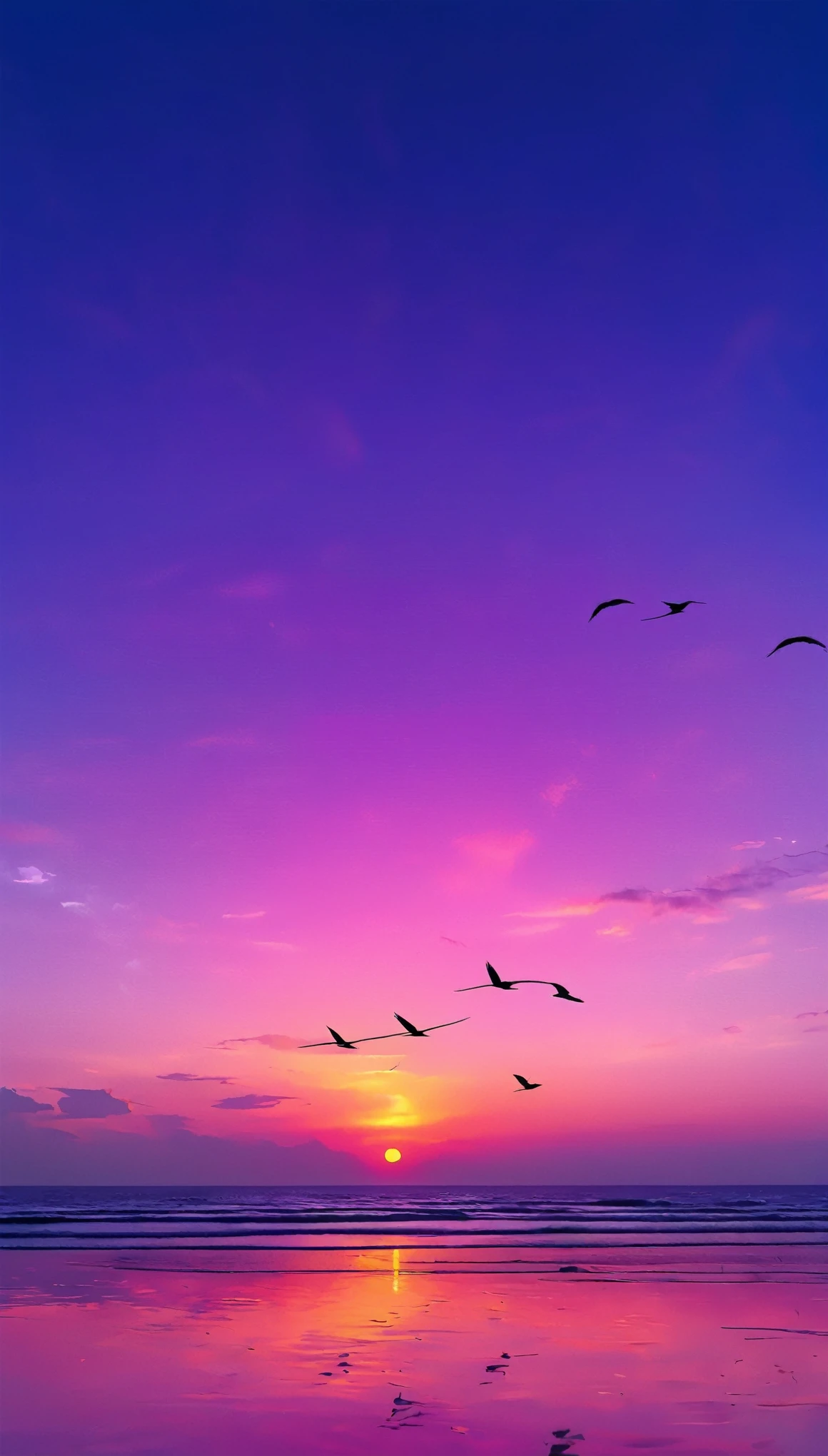 Noisy horizon in neon style beautiful flying birds against the background of the horizon couple in love 