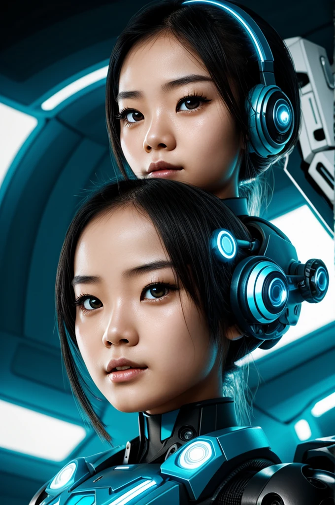 Asian girl. bright cyan eyes. cyborg girl. robot girl.