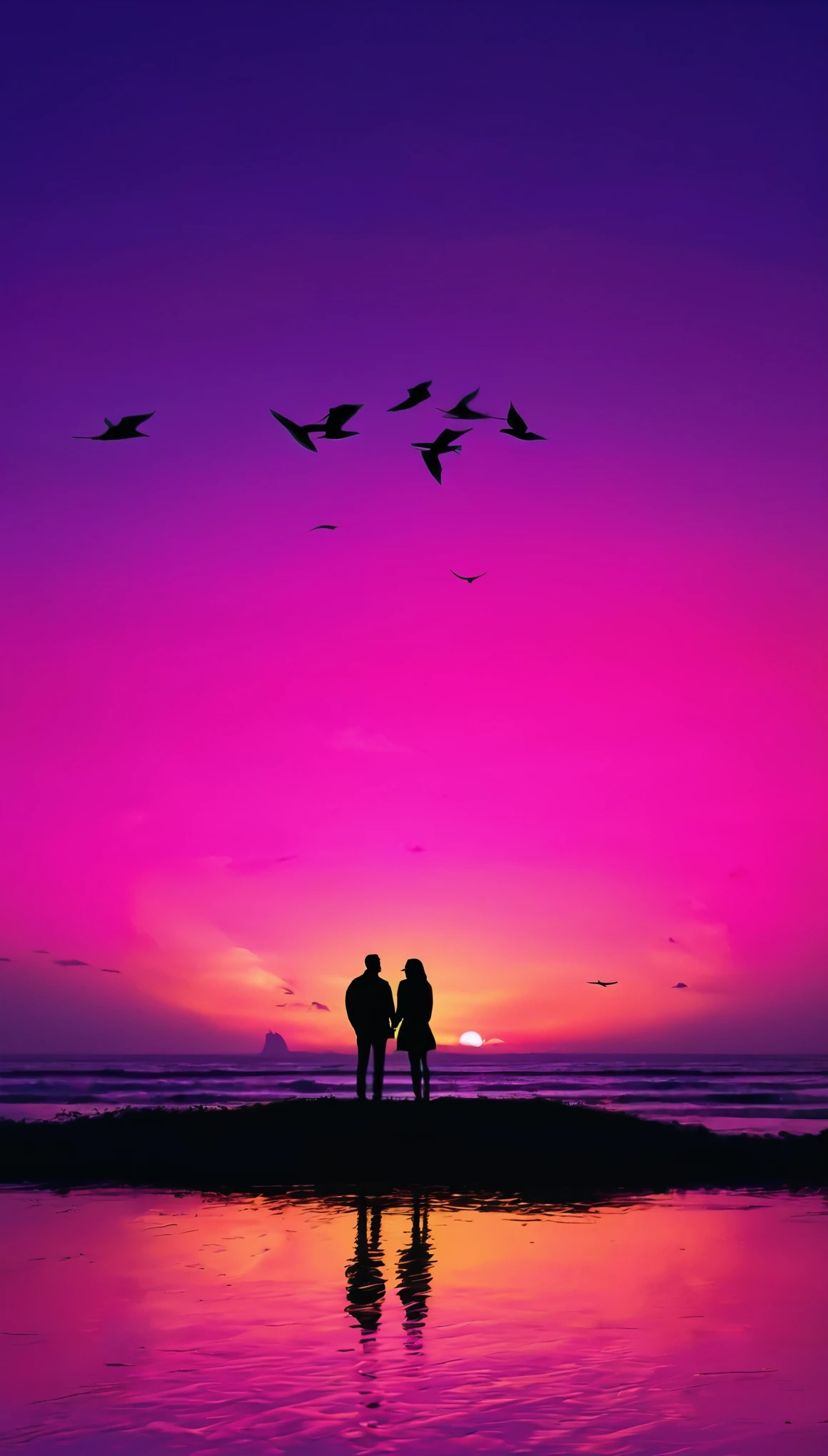 Noisy horizon in neon style beautiful flying birds against the background of the horizon couple in love