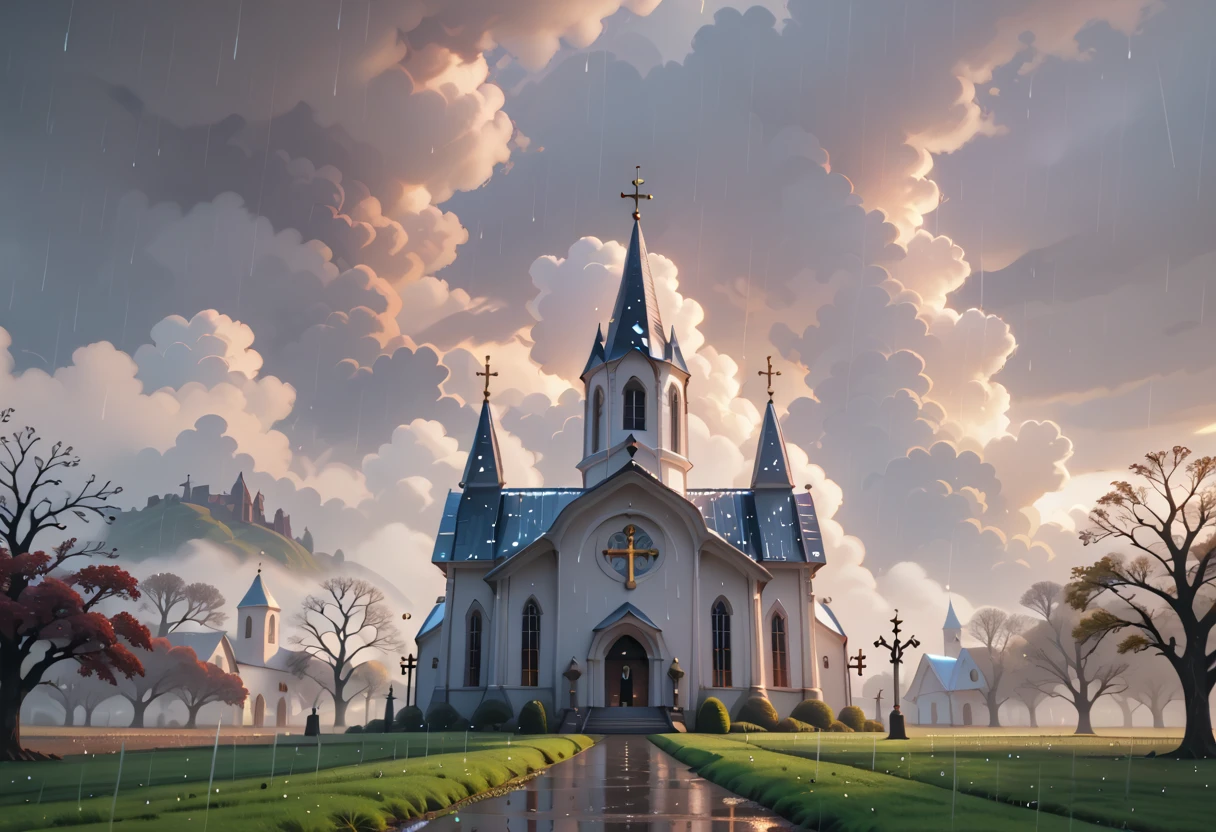 white church, fog, spring, prairie, raining, rain, masterpiece quality, ultra HD, 4K, best quality