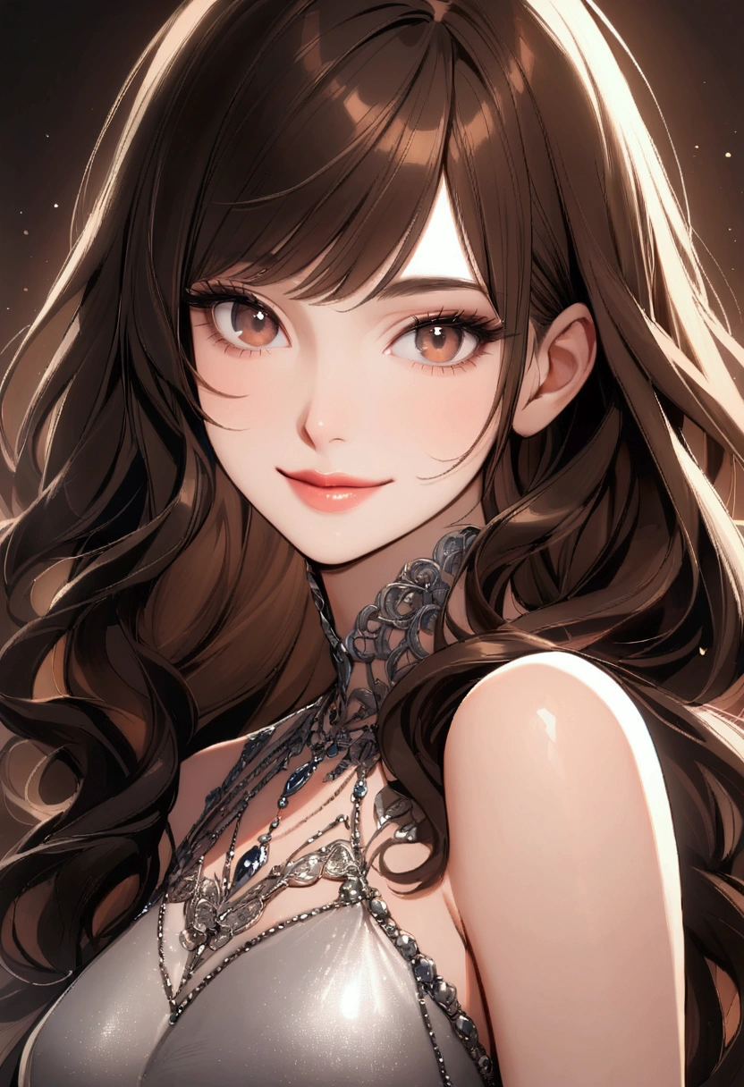 slender, mature female,rating:safe, 1girl, solo, lips, looking_at_viewer, bangs, nose, black_eyes, brown_hair, closed_mouth, long_hair, bare_shoulders, eyelashes, smile, brown_eyes, black_hair