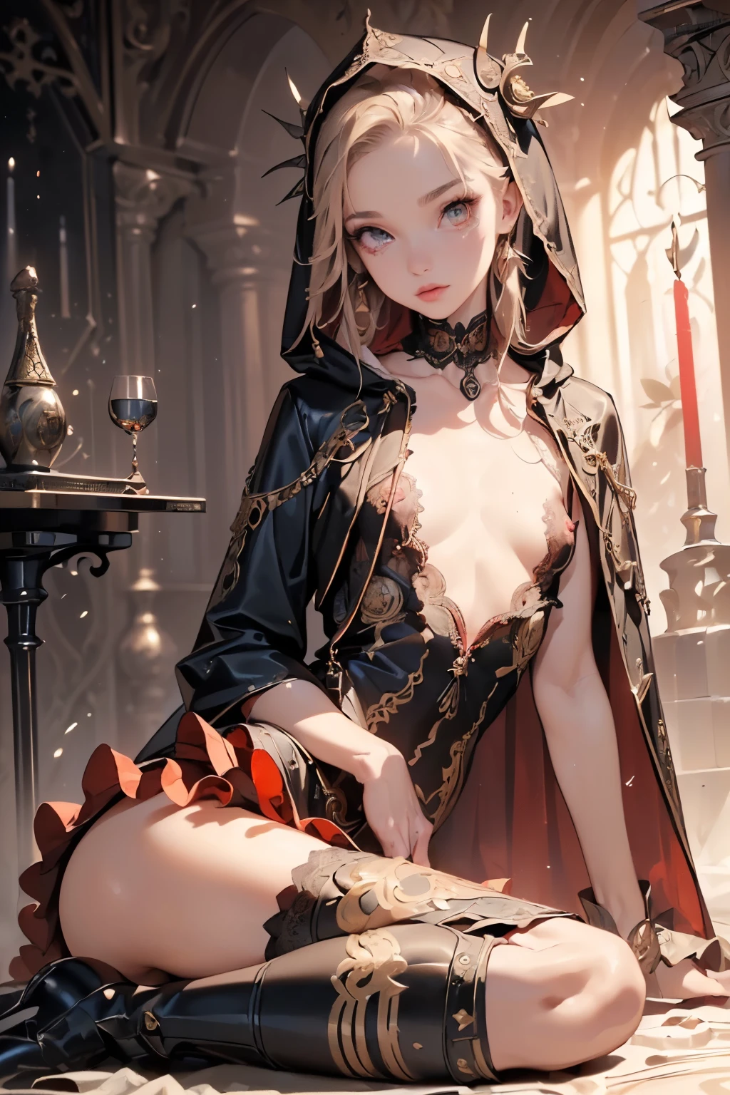 (((masterpiece, of the highest quality, super detailed))), (a female knight of an occult order), (an occult saint), (combat pose), (ready for combat), (resolved expression), (resolute expression), (((a beautifully intricate ornate sword floating next to her))), Edwardian/Victorian era inspired, ((minimal but intricate beautiful armour)), ((Fluttering lace flared dress with frilly petticoats)), ((((Highly detailed face))), (((Very sharp focused eyes))), very long eyelashes, ((small breasts)), (((flat chest:1.1))), occult aesthetic, (red and white clothing detailed and intricate steampunk and detailed gothic), (with a hood), complex lace boots, (full body)