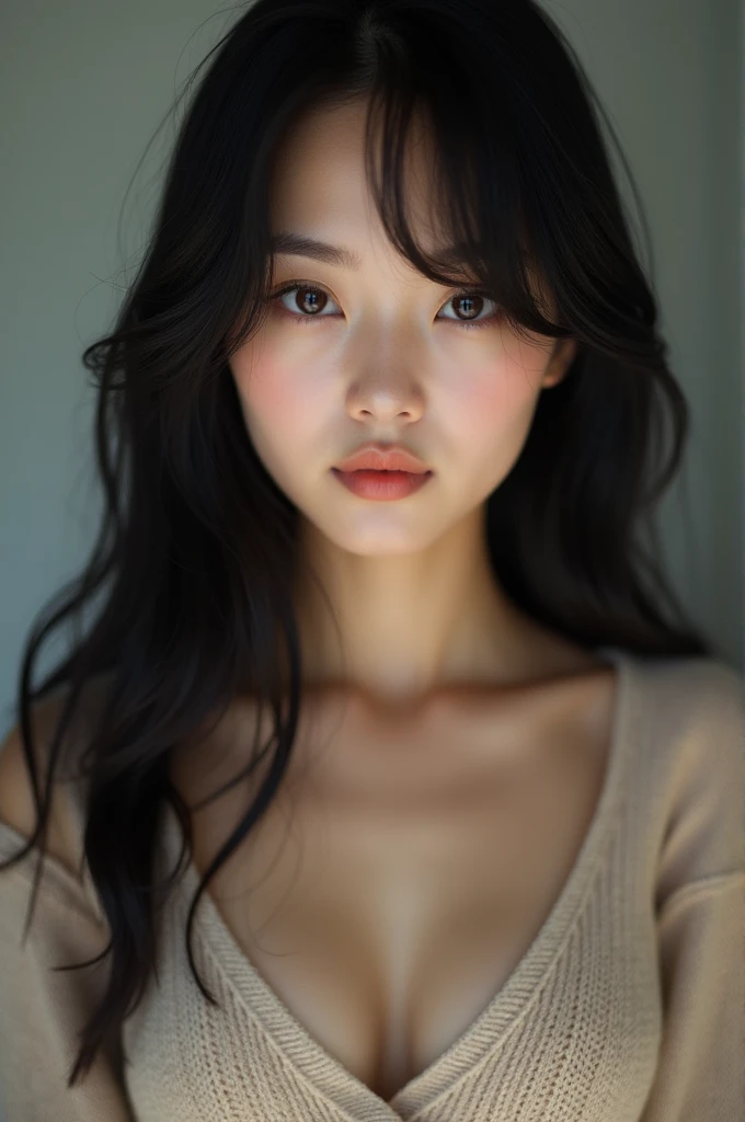 (masterpiece), 8k, 4k, uhd, high quality, (beautiful and delicate girl), beautiful and delicate light, (beautiful and delicate eyes), mysterious, (brown eyes), (dark black long hair), large breasts, 1girl, 1female, japanese woman, frontal shot, soft expression, tan skin, cardigan, sleeveless knit, simple_background, young beauty spirit, cute, portrait, front face, face, zoom in, invinting looks, sensual eyes,