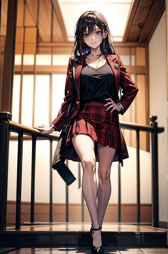 (Biologically correct limb count),Full body, including face,4K,Focus on the masterpiece face,Well-proportioned facial features,Delicate descriptive eyes,One beautiful woman,(Black shirt,red jacket,red plaid skirt),(Grin),Photos with white borders,looking at the camera,Kiyomizu-dera Temple Walking,Walking down the stairs,((High heels))