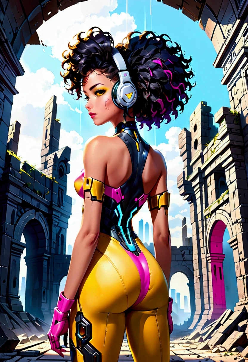 (rear view, backside view),(The best quality,A high resolution,Ultra - detailed,actual),Selena Gómez with headphones on and a (pink outfit:1.4) , (afrofuturism style:1.4) , afrofuturism, rossdraws | afrofuturism, Beeple. hyperrealism, (style hybrid mix of Beeple:1.4) , cinematic Beeple, realism | Beeple, afrofuturistic, Beeple daily art, cyberpunk art ultrarealistic 8k, cyberpunk vibrant colors,(Selena Gómez :1.4), (cinematic lighting :1.4), (perfect anatomy :1.4), ,(Fondo de ruinas de mazmorra en ruinas cyberpunk :1.4 ), (pose dinámica vaquero), (face detailed Selena Gómez :1.4), (Five Fingers, Four fingers and thumb),(cyborg yellow mecánica transparente plastic :1.4), ,(Fondo de ruinas de mazmorra en ruinas:1.4 ), (cabello afro rizado negro :1.4), (tiene un hermoso culo), (culo perfecto)