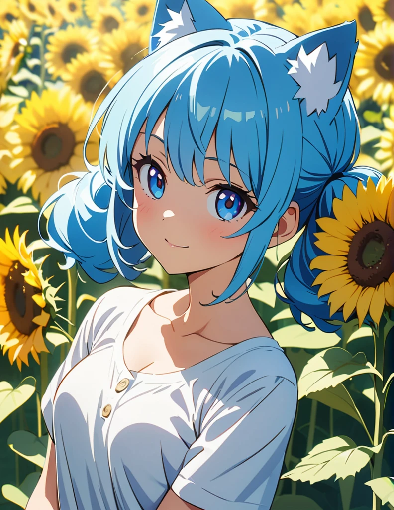 (anime artwork, anime style, studio anime, very detailed, up to date, vibrant, Anime Coloring, high contrast, masterpiece:1.2, best quality, best aesthetics),{{774inc}},{{souya ichika}},{{summer clothes}},1 girl,blue hair,light smile,sunflower park,sexy pose,cat ear,long twin tail hair, ultra-detailliert 