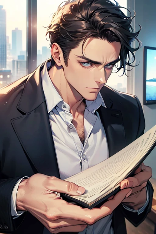 (Best Quality,4k,8k,high resolution,Masterpiece:1.2),ultra detailed,(realist,photorealist,photo-realist:1.37),1 man,31 years,mature man,very handsome,without expresion,muscled body,short gray black hair,Blue eyes,glare,perfect face without mistakes,imposing posture,businessman,office background,cinematic lighting,imagen HDR