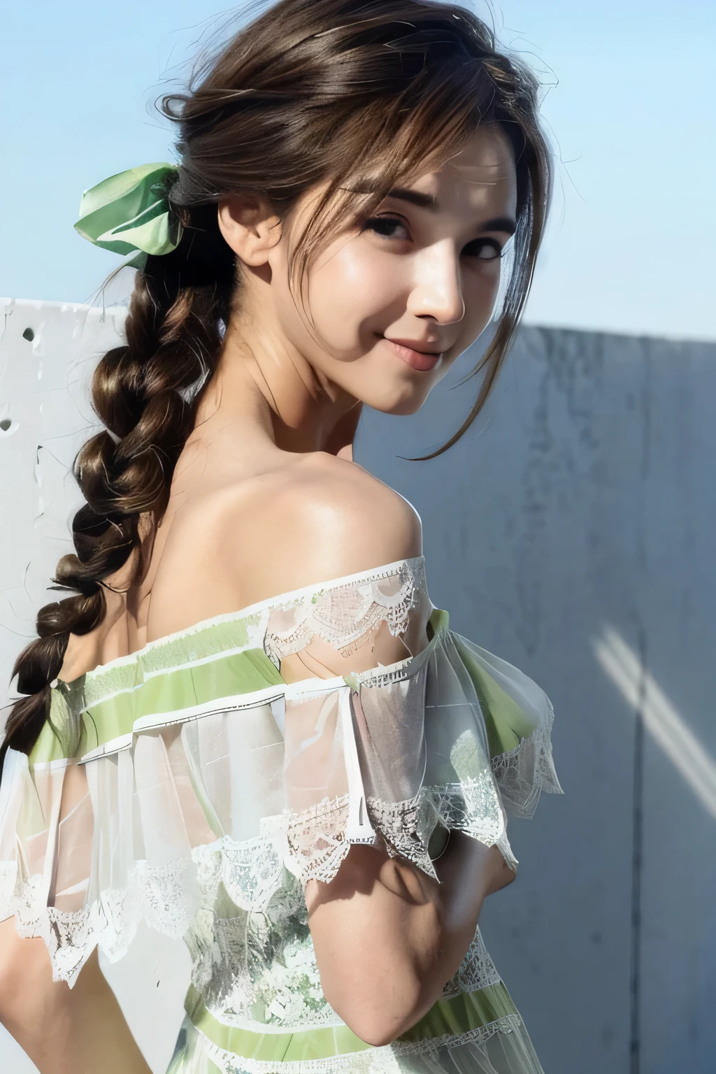 ((Highest quality, 8k, masterpiece: 1.3)), sharp: 1.2, Perfect Body Beauty: 1.6, ((Layered Hairstyles, Small breasts: 1.0, A Cup: 2.0)), (blue sky: 2.0), (White and light green lace dress: 2.0), (A sheer off-the-shoulder dress: 2.0), ((long hair: 2.0)), ((necklace)), Earrings, ring, Bracelet, Hair Accessories, ((Beautiful young teenager woman)), ((Straight nose)), (Eyeliner), Armpit Hair, Bristles, ((White and beautiful skin)), Wavy Hair, Beautiful attention to detail, Super detailed, Highly detailed face and skin texture, fine grain, double eyelid, Black Hair, Big Ass, Lower Body, Thighs, (((Skinny))), Wet and shiny lips, (smile: 1.0), Get a grip on your body, ((Anatomically correct human body)), ((Crisp body shape)), Ribs, clavicle, Protruding skeleton, A face without nasolabial folds, Shyness, Thin eyebrows, Big eyes, (Narrow shoulders: 2.0), White skin, Closed Mouth, (Belly button: 1.5), Unbroken jaw, (shoot from side: 1.5)