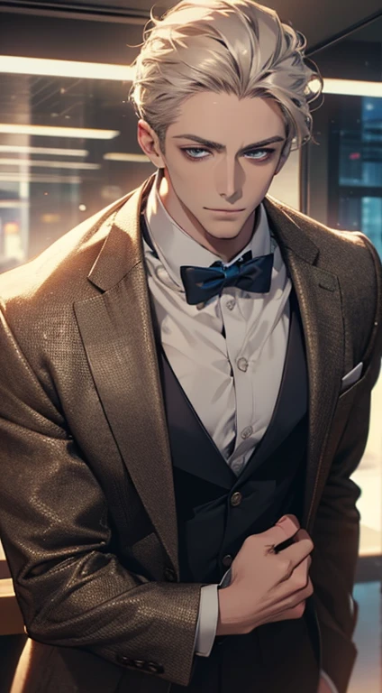 (best quality,4k,8k,highres,masterpiece:1.2),ultra-detailed,(realistic,photorealistic,photo-realistic:1.37),1 man,31 years old,mature man,very handsome,without expression,smile,short grey golden hair,blue eyes,penetrating gaze,perfect face without errors,imposing posture,businessman,office background,cinematic lighting,hdr image