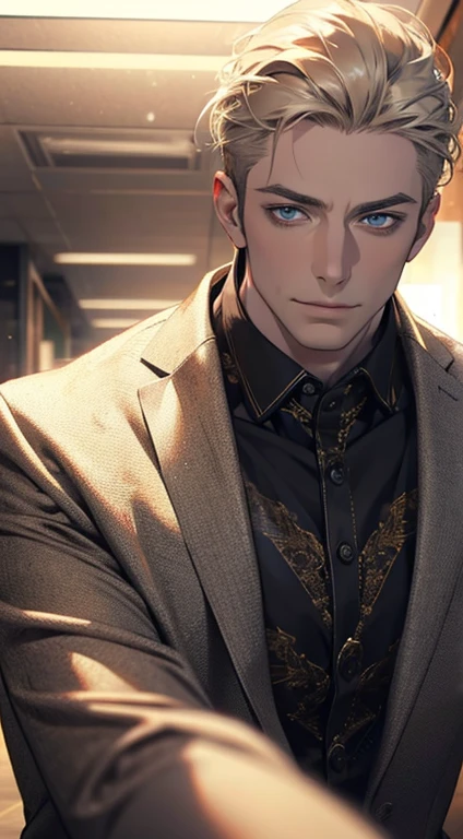 (best quality,4k,8k,highres,masterpiece:1.2),ultra-detailed,(realistic,photorealistic,photo-realistic:1.37),1 man,31 years old,mature man,very handsome,without expression,smile,short grey golden hair,blue eyes,penetrating gaze,perfect face without errors,imposing posture,businessman,office background,cinematic lighting,hdr image