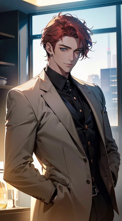 (best quality, masterpiece, 8K, photorealistic, cinematic lighting, hdr image, ultra detailed, beautiful image), a mature man, very handsome, smile, short grey red hair, green eyes, perfect face without errors, ((buttoning the jacket, CEO))