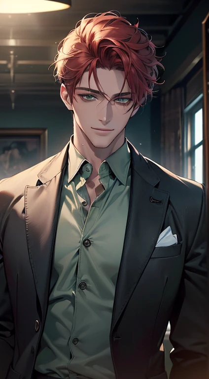 (best quality, masterpiece, 8K, photorealistic, cinematic lighting, hdr image, ultra detailed, beautiful image), a mature man, very handsome, smile, short grey red hair, green eyes, perfect face without errors, ((buttoning the jacket, CEO))