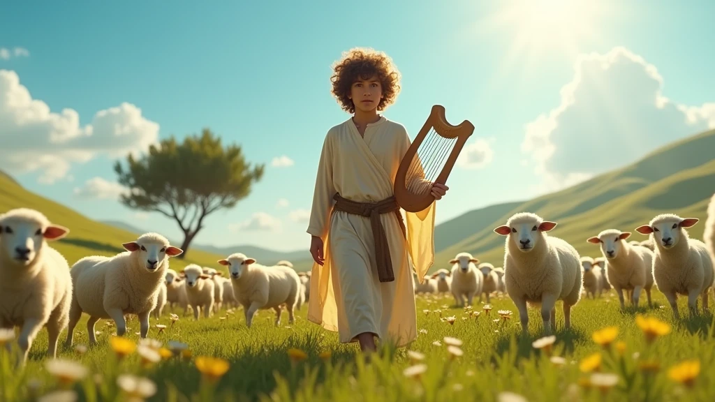 "Imagine a vibrant and inspiring cinematic scene of young King David herding his sheep in a sunny field in ancient Israel. He is portrayed as a strong, fearless teenager with curly brown hair and a serene gaze, wearing simple shepherd's clothing. At your Around, a flock of fluffy white sheep spreads across the green field, dotted with wildflowers. In the background, the rolling hills and a lone tree create a tranquil atmosphere, while the blue sky is dotted with white clouds. holds a harp, symbolizing his connection to music and his future kingship. The scene captures the essence of pastoral simplicity and the glorious future that awaits David, as the sunlight illuminates his face, bringing a sense of hope and grandeur."