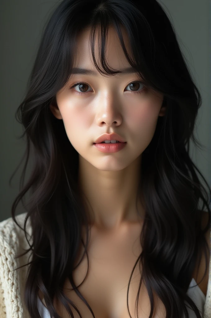 (masterpiece), 8k, 4k, uhd, high quality, (beautiful and delicate girl), beautiful and delicate light, (beautiful and delicate eyes), mysterious, (brown eyes), (dark black long hair), large breasts, 1girl, 1female, asian, japanese woman, frontal shot, soft expression, tan skin, cardigan, sleeveless knit, simple_background, young beauty spirit, cute, portrait, front face, face, zoom in, sensual eyes, sensual look,