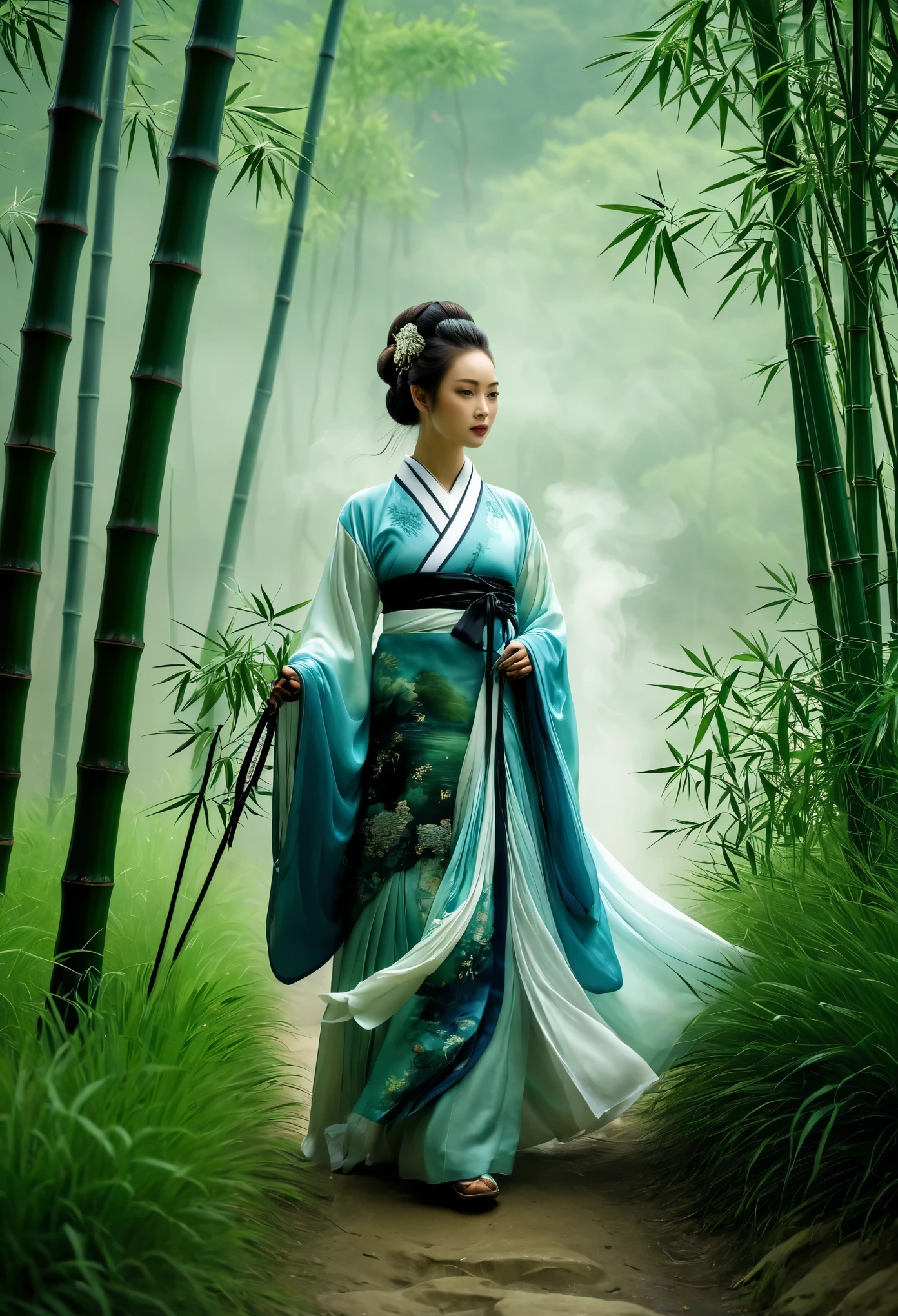 /I H entry screen, A woman in Hanfu stands among the bamboo groves, an epic fantasy scene with dark clouds in the sky and smoke effects, in the style of a Chinese ink painting depicting the martial arts world with cloud mist effects, like movie footage.--ar 2:3 --quality 2 --style raw --sref 3345888893 --personalize --sw 700 --stylize 1000 --v 6.1