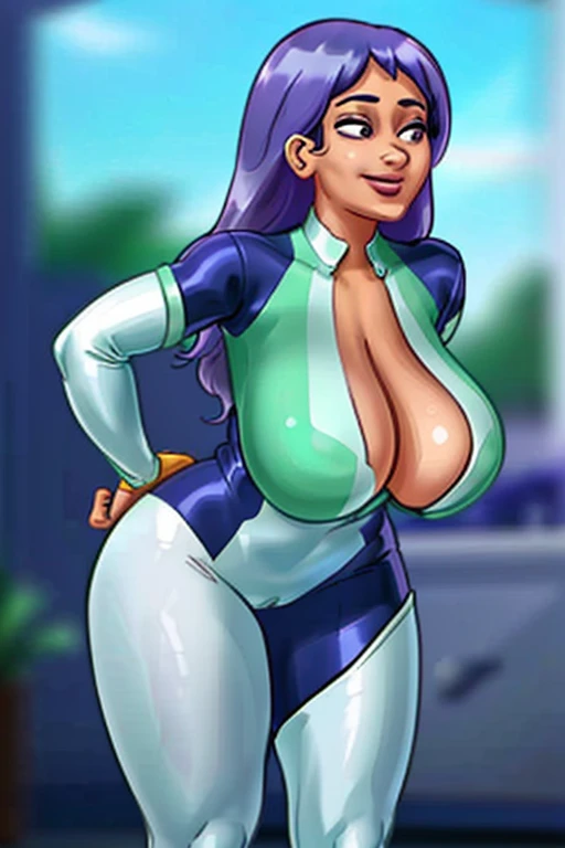 Nejire hado Costume and style green eyes, breasts big, (work of art, best qualityer, (montage lady costume), (White latex costume), purple mask
(incredibily detailed, beautiful face detailed,beautiful detailed eyes, work of art, best qualityer),standing alone,, best qualityer), thick-thighs, best qualityer:1.3), (4K quality)) , ((face detailed)),((ssmile)), ((Curvy Body)), (breasts big), sensuous, ((blue sky)), ((leaning forward)),