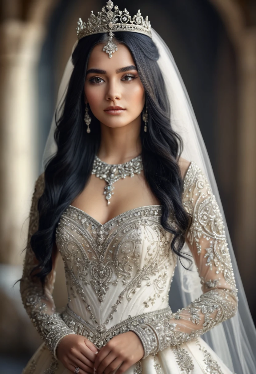 (full body shot) photorealistic image of a bride, ultrarealistic, long black hair, woman, 20 years old, blur background, she is wearing a beautiful medieval style wedding dress studded with stones and diamond tiara, is posing in a studio, perfect lighting, intricate details, highly detailed, 4k