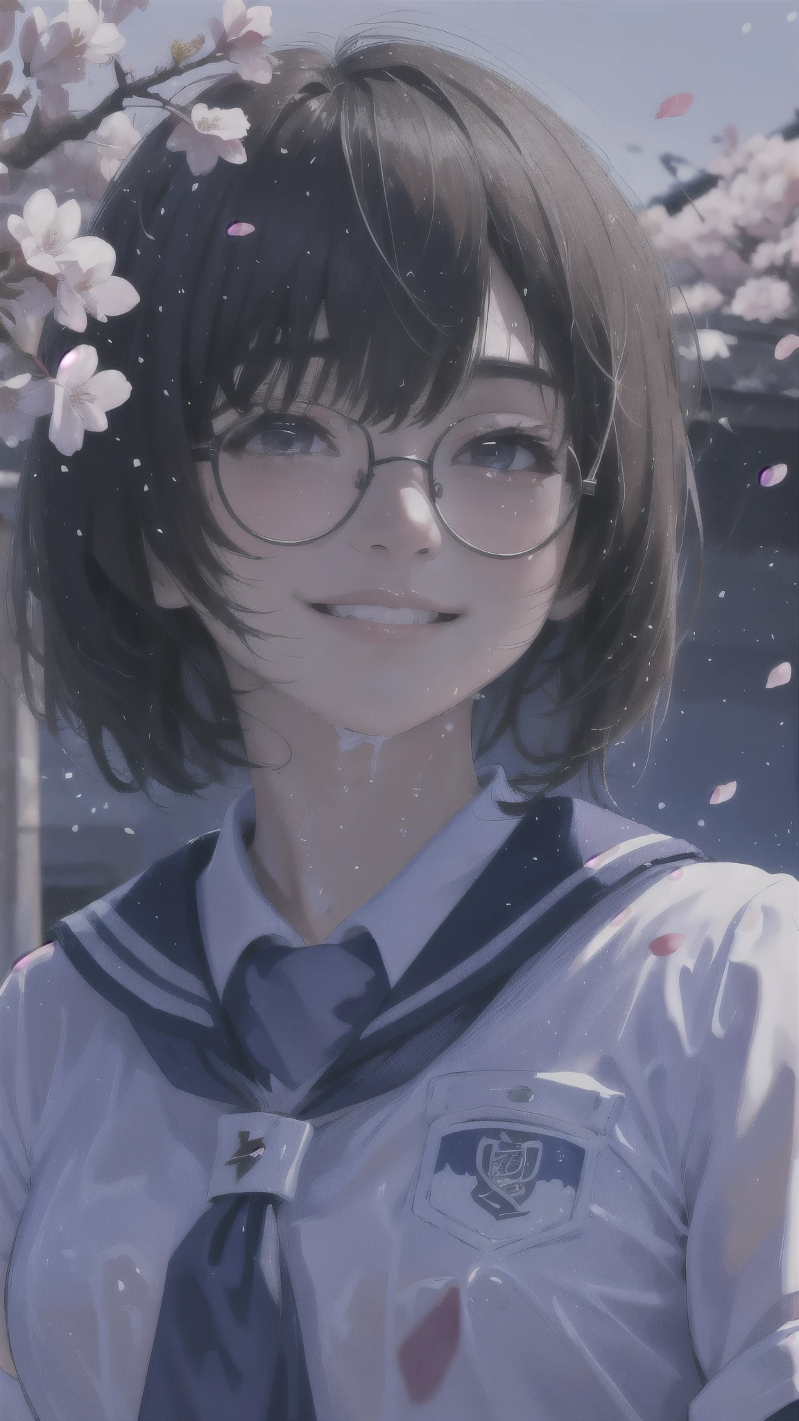 One girl、uniform、scenery、Glasses、A kind smile、Beautiful girl、Close-up of face、Look Up、Beautiful girl、Upper Body、solo、Wet Hair、Cherry blossom petals fluttering