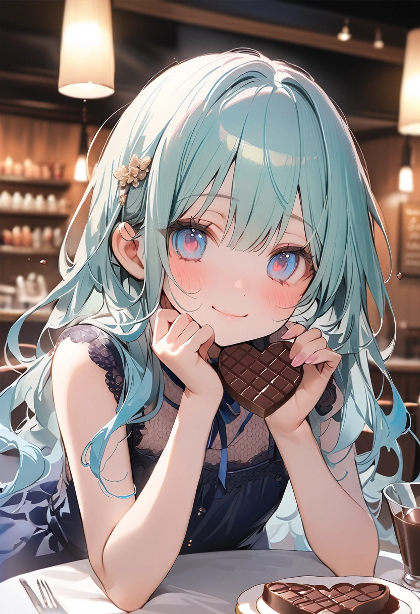 masterpiece, best quality, extremely detailed, (illustration, official art:1.1), 1 girl ,(((( light blue long hair)))), ,(((( light blue long hair)))),light blue hair, , long hair ((blush)) , cute face, big eyes, masterpiece, best quality,(((((a very delicate and beautiful girl))))),Amazing,beautiful detailed eyes,blunt bangs((((little delicate girl)))),tareme(true beautiful:1.2), sense of depth,dynamic angle,,,, affectionate smile, (true beautiful:1.2),,(tiny 1girl model:1.2),)(flat chest), valentines day、((have chocolate))、a little shy、(My cheeks are red.)、give chocolate,A girl wearing a mint-colored summer knitwear eats chocolate mint cake at a cafe、Rose Garden