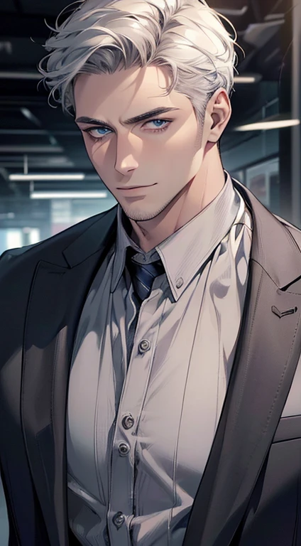 (best quality,4k,8k,highres,masterpiece:1.2),ultra-detailed,(realistic,photorealistic,photo-realistic:1.37),1 man,31 years old,mature man,very handsome,without expression,smile,short white hair,blue eyes,penetrating gaze,perfect face without errors,imposing posture,businessman,office background,cinematic lighting,hdr image