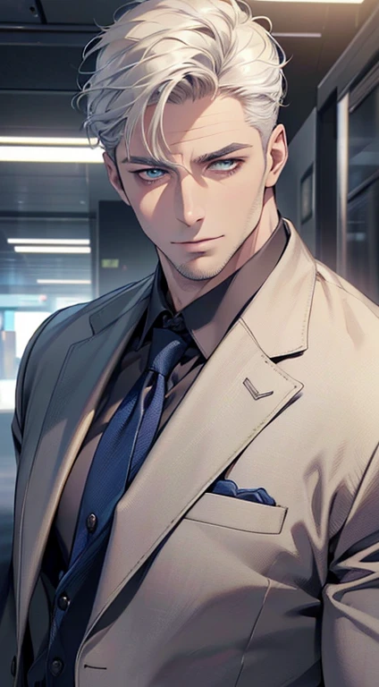 (best quality,4k,8k,highres,masterpiece:1.2),ultra-detailed,(realistic,photorealistic,photo-realistic:1.37),1 man,31 years old,mature man,very handsome,without expression,smile,short white hair,blue eyes,penetrating gaze,perfect face without errors,imposing posture,businessman,office background,cinematic lighting,hdr image