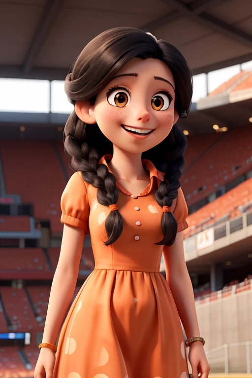 Happy and excited woman enters the stadium, with long orange dress, black hair and braid