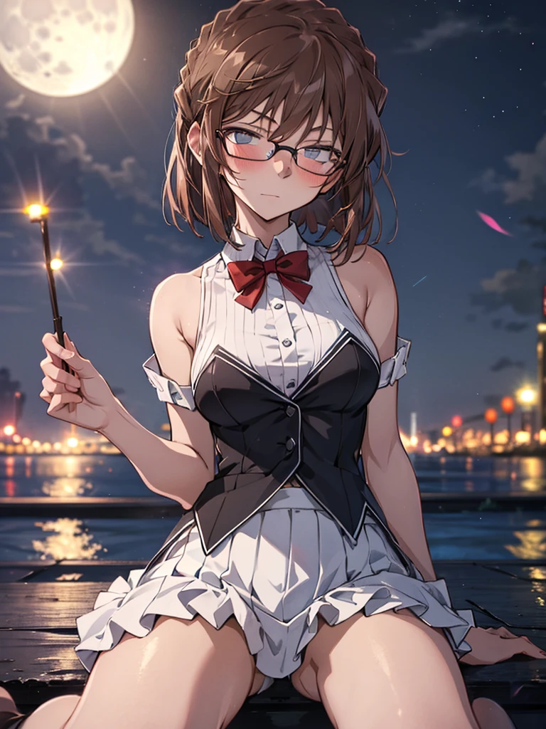 Moon, Red bow tie, Black-rimmed glasses, blush, Confession, (Moonlit Confession:1.5), The background is the seaside park, cute, Beauty, Shortcuts, Haibara Ai, Brown Hair, (masterpiece), highest quality, 1girl, uhd, retina, masterpiece, ccurate, anatomically correct, textured skin, super detail, high details, high quality, best quality, highres, 4K