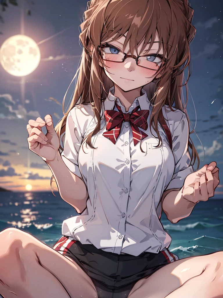 Moon, Red bow tie, Black-rimmed glasses, blush, Confession, (Moonlit Confession:1.5), The background is the seaside park, cute, Beauty, Shortcuts, Haibara Ai, Brown Hair, (masterpiece), highest quality, 1girl, uhd, retina, masterpiece, ccurate, anatomically correct, textured skin, super detail, high details, high quality, best quality, highres, 4K