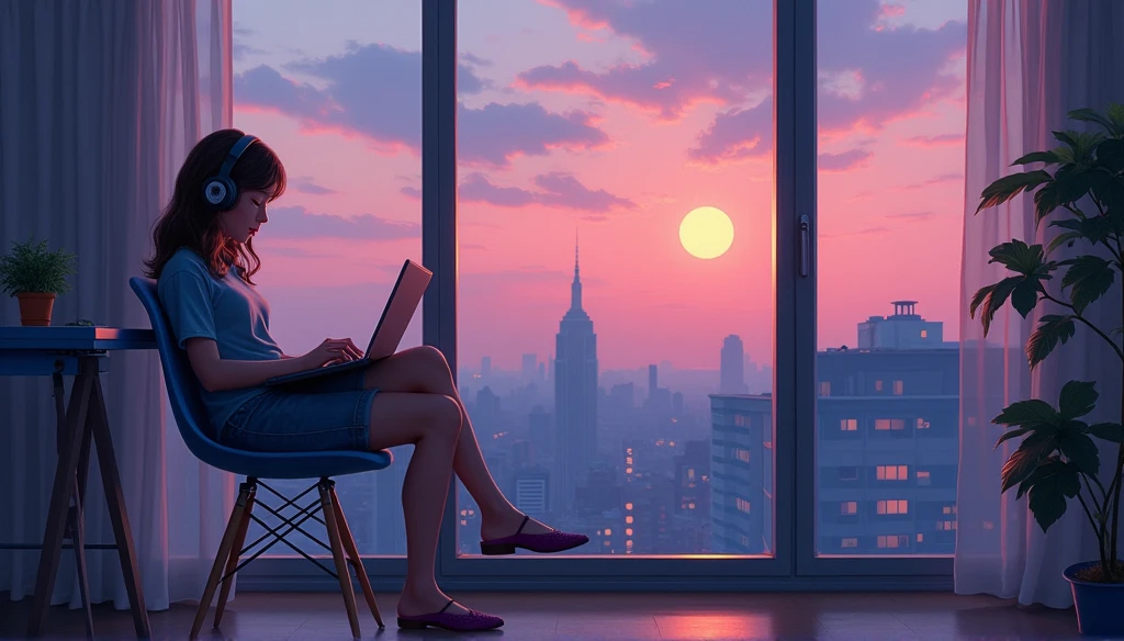 Portrait、512、Lo-Fi、Girl sitting on a chair wearing headphones、Take a nap at your desk、close your eyes、city view outside the window、evening、pastel colour、Painting