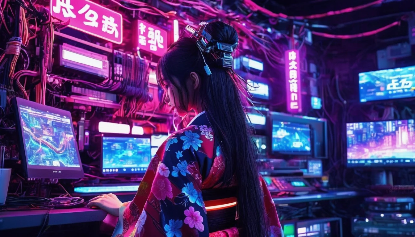 high tech, Futuristic, Only the scenery、No people、 (Realistic:1.4), Long hair made of cables, robot, In the background there are lots of computer cables, Ultra-high resolution, Ultra-high resolution, 8k, Neon Light, Japanese Culture, kimono, behind