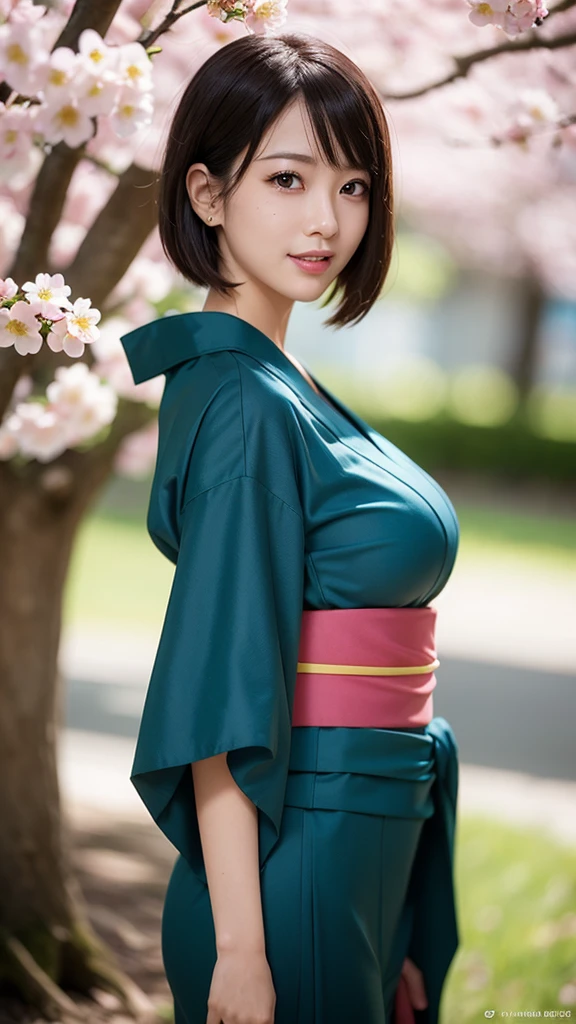realistic, 1girl,(moles on the face and chest:1.1)、Climax expression)、Standing posture,Full body view、(front view:1.4),(Big Breasts:1.4)(masterpiece:1.2), (Highest quality:1.2),((Anime Girls)), smile, Wink, , Androgynous charm, (Very short hair), ((Black Hair)), Messy Hair, Green Eyes, (long range shot:1.4), High resolution detailed hair, (flower designed yukata:1.3), cherryblossom background,Gweiz-style artwork, Makoto Shinkai's art style, lofi portrait, digital anime art, Makoto Shinkai style, LOFI Girl, Anime-style illustrations, lofi art style, Anime illustration