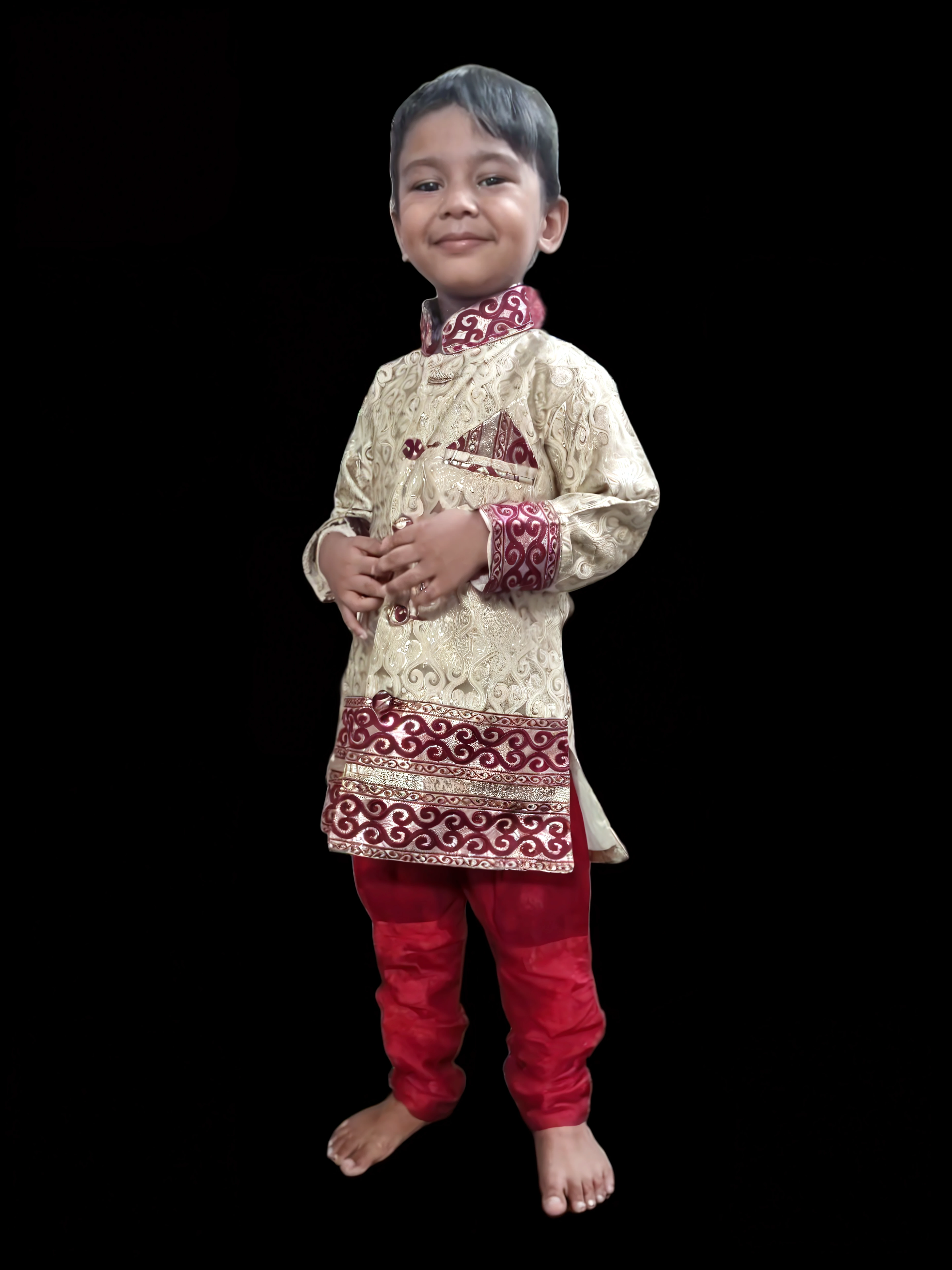 Create a caricature 4D hyperrealistic full body with a big head, A boy, 7 year old , oval face, smiling, curly hair, wearing traditional Central Javanese clothes, sitting on a chair, both thumbs towards the camera, masterpiece, UHD, photo studio lighting