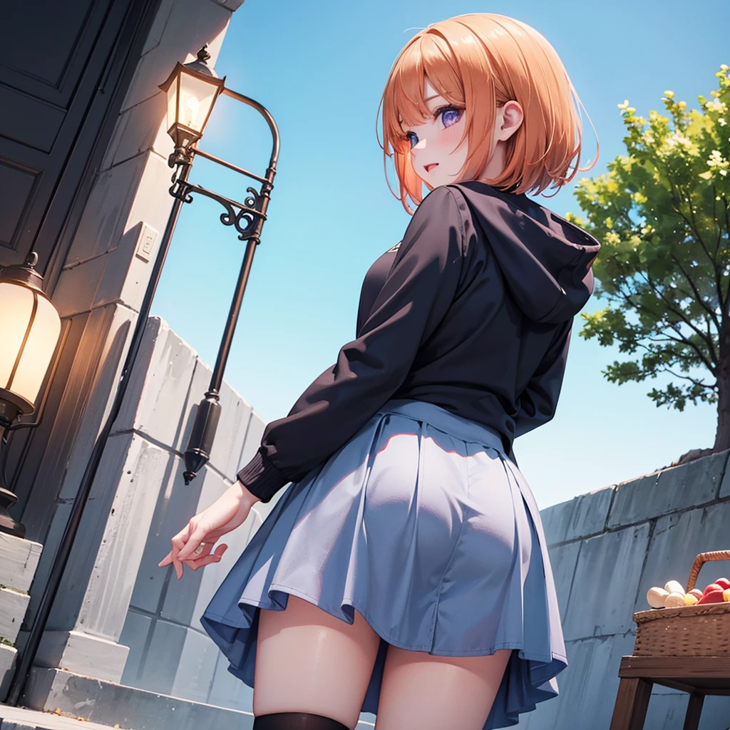 masterpiece, best quality, ultra high res, ultra-detailed, outside ina back alley closed between skyscrapers, sunset, crowded of people, ogiwara sayu, (gigantic tits: 1.6), (dense pubic hair: 1.4), (school uniform with white unbuttoned shirt and giant cleavage, black pleated skirt, black pantyhose, black lace-trimmed panties, black short boots: 1.4), lewd slutty face, reddened face, (she is leaning against a wall with her skirt raised and her legs spread open while is pouring out from her wet panties a huge load of love juice and moaning from pleasure: 1.5), (POV from behind view: 1.6), looking at the viewer