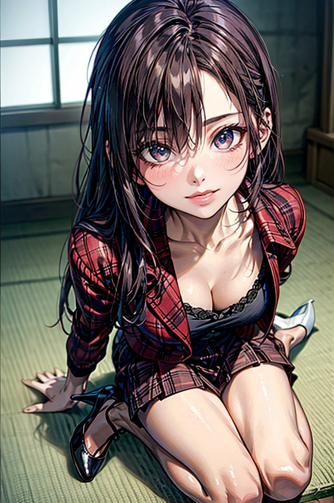 (Biologically correct limb count),Full body, including face,4K,Focus on the masterpiece face,Well-proportioned facial features,Delicate descriptive eyes,One beautiful woman,(Black shirt,red jacket,red plaid skirt),(Grin),Photos with white borders,looking at the camera,Kiyomizu-dera Temple Walking,Walking down the stairs,((High heels))