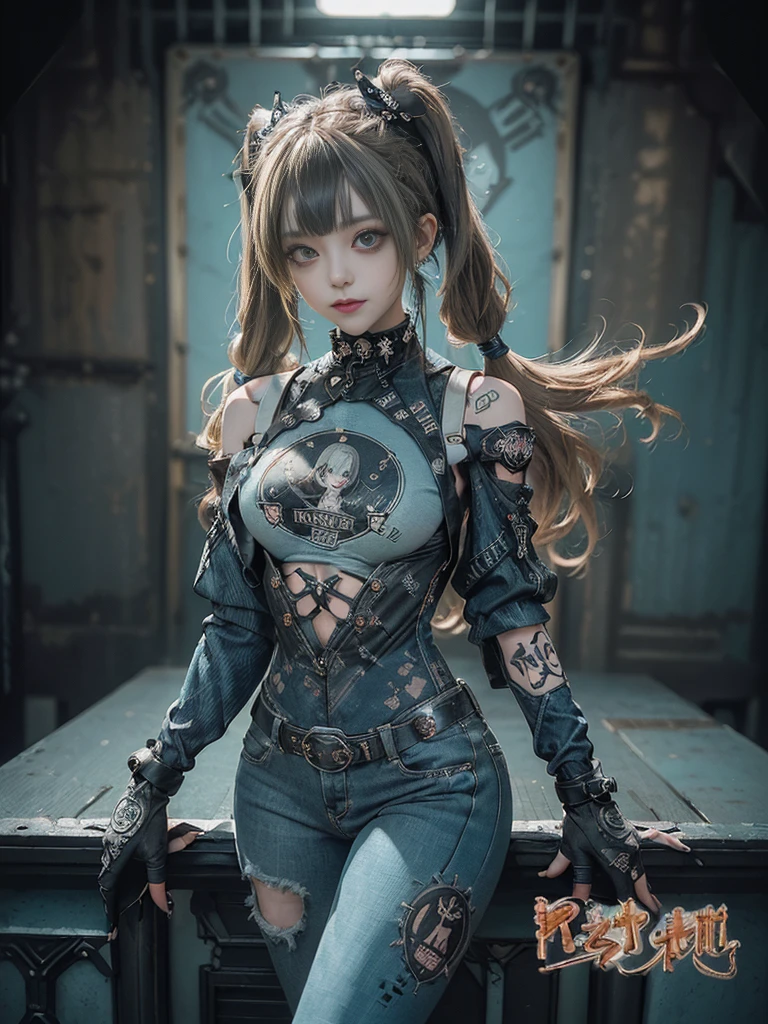 (Full Body View:1.2)、(Full body:1.3)、(Smiling with teeth showing:1.3),(Shibuya Gal:1.5)、(Gothic Lolita style fashion:1.5)、(Punk RockVisual Kei:1.5)、(Wearing a rhythmic gymnastics bodysuit with intricate details:1.4)、(Racing suit and pants with intricate turquoise, denim and charcoal decorations:1.5)、(Denim and light blue and turquoise boots:1.3)、((belt))、(Numerous delicate logo marks all over the costume:1.4)、(collar:1.3)、(Polka dot underwear:1.5)、20-year-old、NSFW、((Highest quality、In 8K、masterpiece:1.3))、Sharp focus:1.2、(Layered Cut、Huge boobs:1.1),Beautiful woman with perfect figure:1.4、(doing a gravure pose:1.3)、Slender Abs:1.2、Highly detailed face and skin texture、Detailed eyes、double eyelid,(Twin tails:1.3)、(Brown-golden hair:1.3)、Gravure idol、(The background is the stage of the fashion show:1.3)、(Slim Body:1.3),(Make your legs thinner:1.4),（clavicle:1.1）
