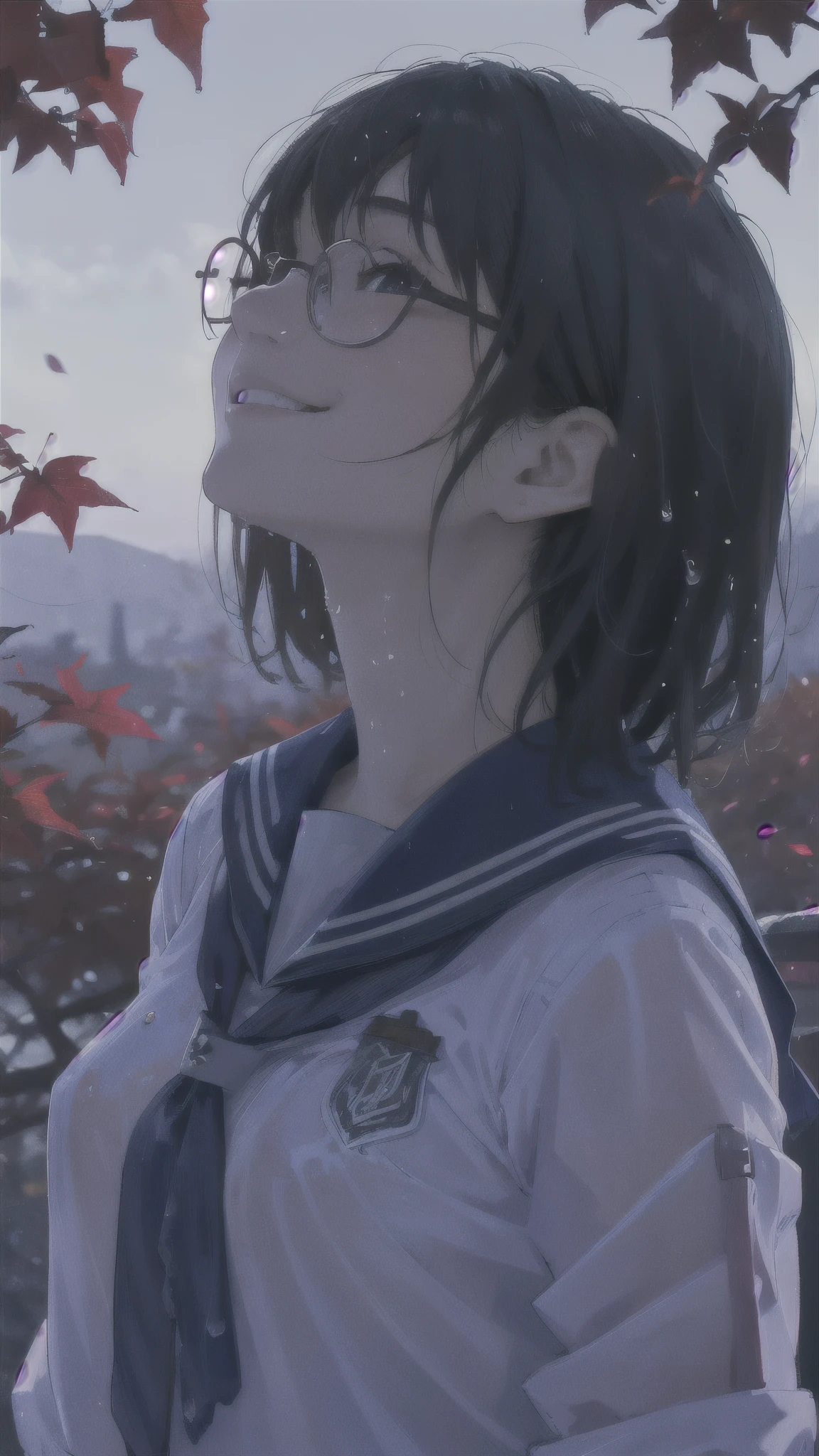 One girl、uniform、scenery、Glasses、A kind smile、Beautiful girl、Close-up of face、Look Up、Beautiful girl、Upper Body、solo、Wet Hair、Red autumn leaves fluttering