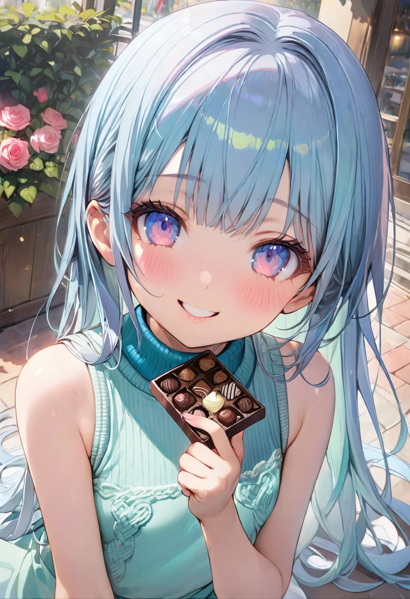 masterpiece, best quality, extremely detailed, (illustration, official art:1.1), 1 girl ,(((( light blue long hair)))), ,(((( light blue long hair)))),light blue hair, , long hair ((blush)) , cute face, big eyes, masterpiece, best quality,(((((a very delicate and beautiful girl))))),Amazing,beautiful detailed eyes,blunt bangs((((little delicate girl)))),tareme(true beautiful:1.2), sense of depth,dynamic angle,,,, affectionate smile, (true beautiful:1.2),,(tiny 1girl model:1.2),)(flat chest), valentines day、((have chocolate))、a little shy、(My cheeks are red.)、give chocolate,A girl wearing a mint-colored summer knitwear eats chocolate mint cake at a cafe、Rose Garden,(((Sleeveless green knit)))