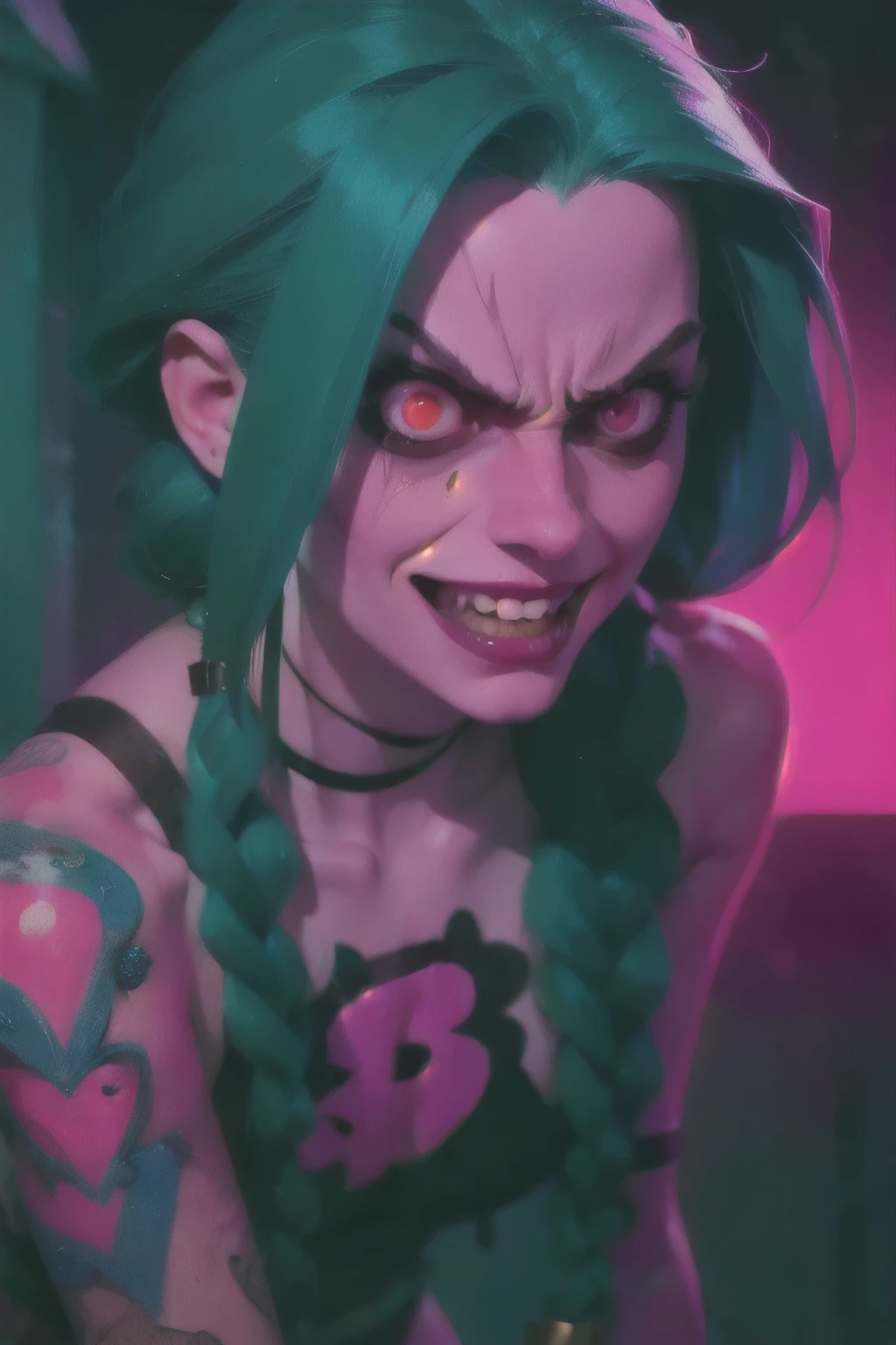 Close-up face. Hyper realistic super detailed Jinx cosplay , Young girl, , Very detailed, (hyper realistic: 1.4), in dynamic pose, psycho smile, twin braids, long hair, blue hair, red eyes, tattooed arm , ((angry face)), arcane style. ((Grunge Neon grafitti background, smoke, cinematic lighting)).